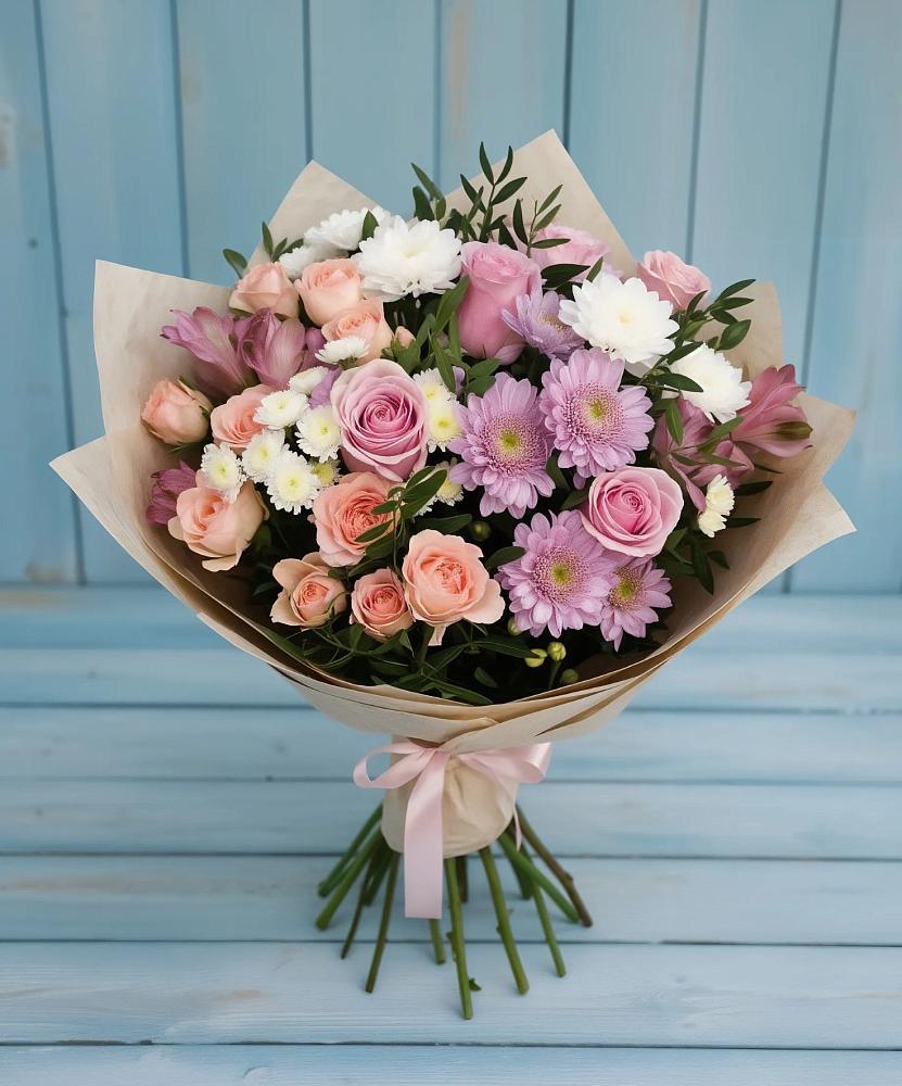 Букет цветов из: Хризантемы, Розы и Альстромерии в Луге