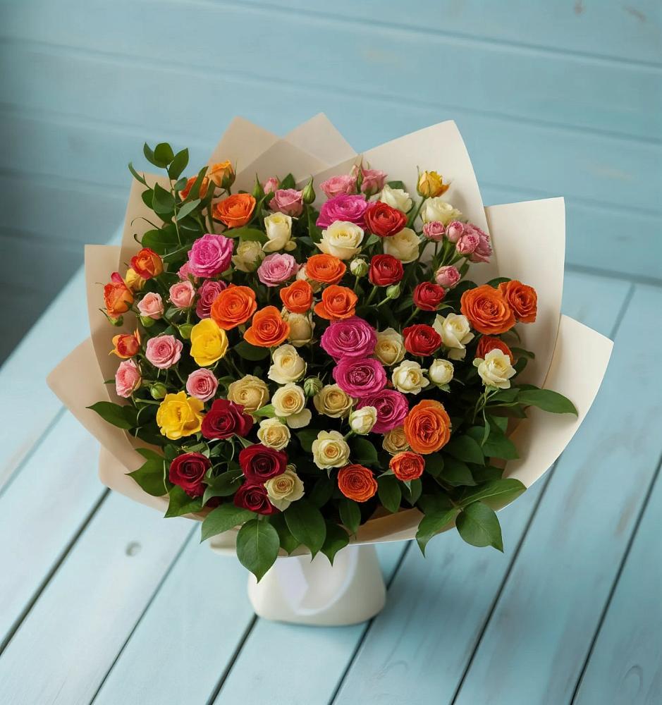 Букет Микс из разноцветных кустовых роз в Луге