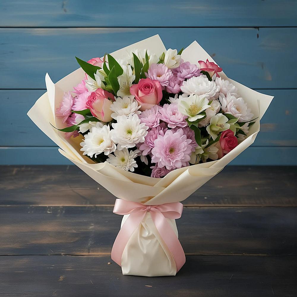 Букет цветов из: Хризантемы, Альстромерии и Розы в Луге